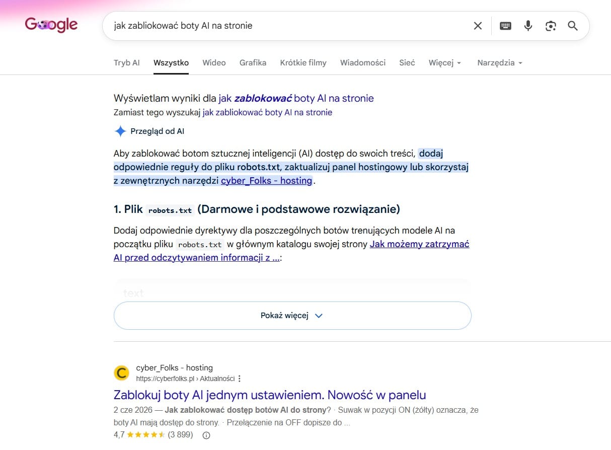 Przykład wyników wyszukiwania z AI Overview dla frazy jak zablokować boty AI na stronie