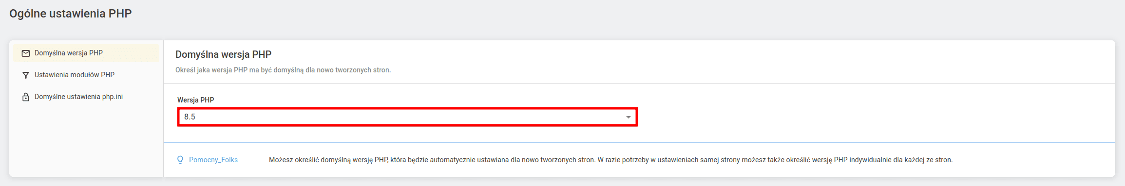 Zakładka Domyślna wersja PHP w cyber_Admin - zaznaczona lista rozwijana Wersja PHP z wybraną wartością 8.5