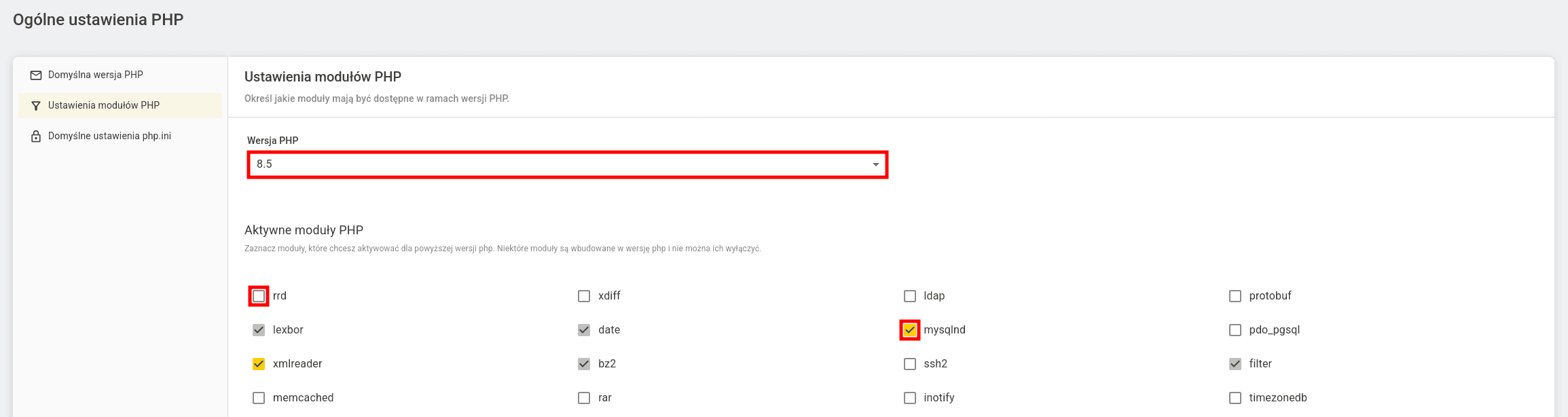 Ustawienia modułów PHP w cyber_Admin - lista Aktywne moduły PHP z zaznaczonymi checkboxami przy wybranych modułach oraz wersji