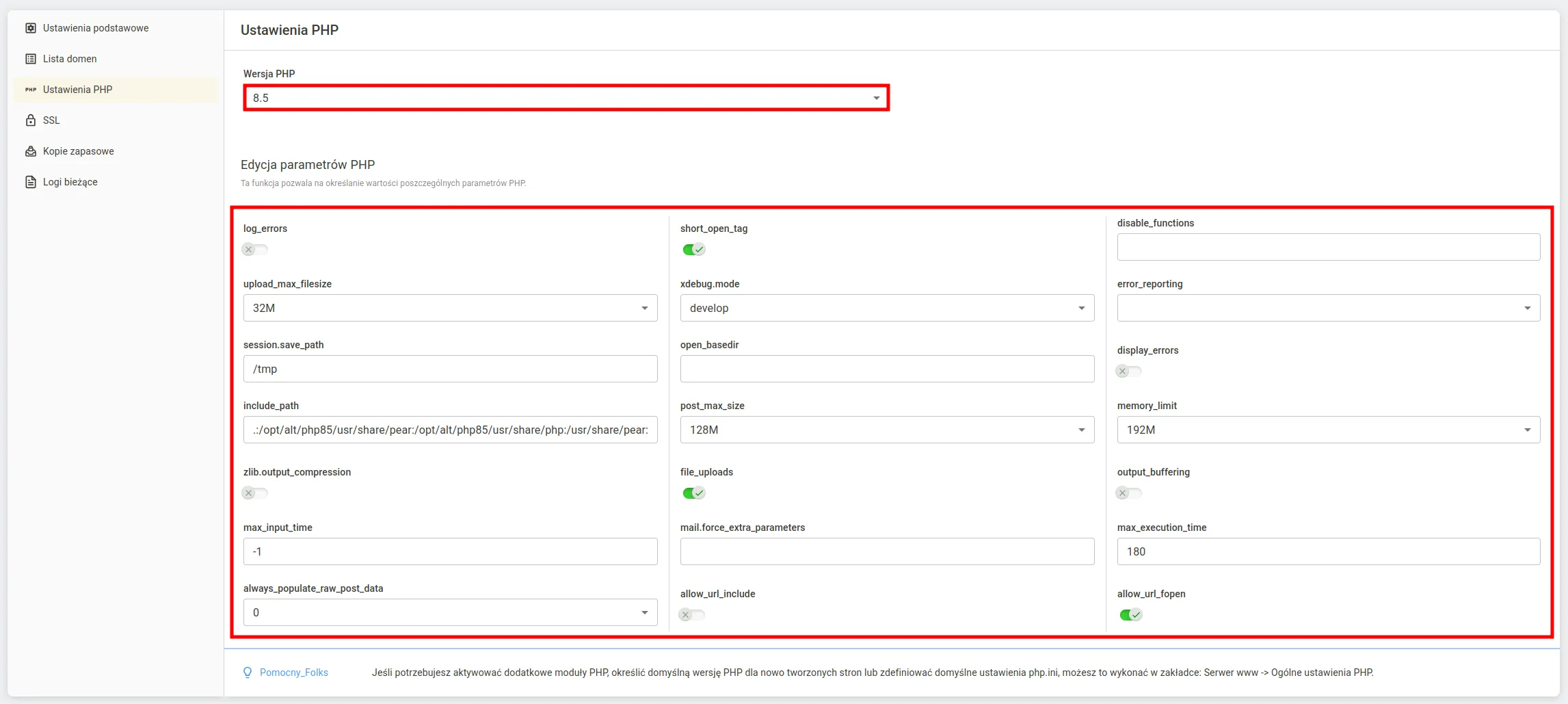 Edycja wersji i parametrów PHP w cyber_Admin
