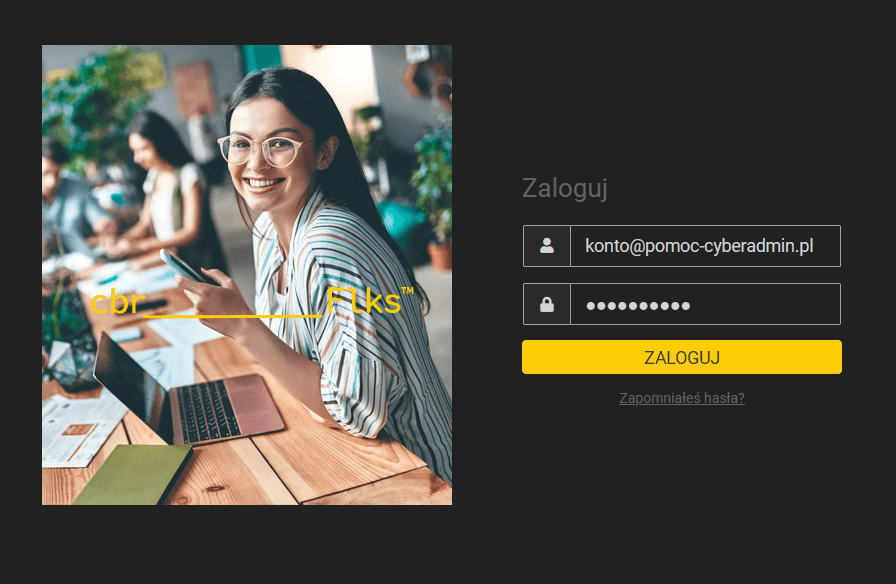 Formularz logowania z wypełnionym adresem e-mail i ukrytym hasłem