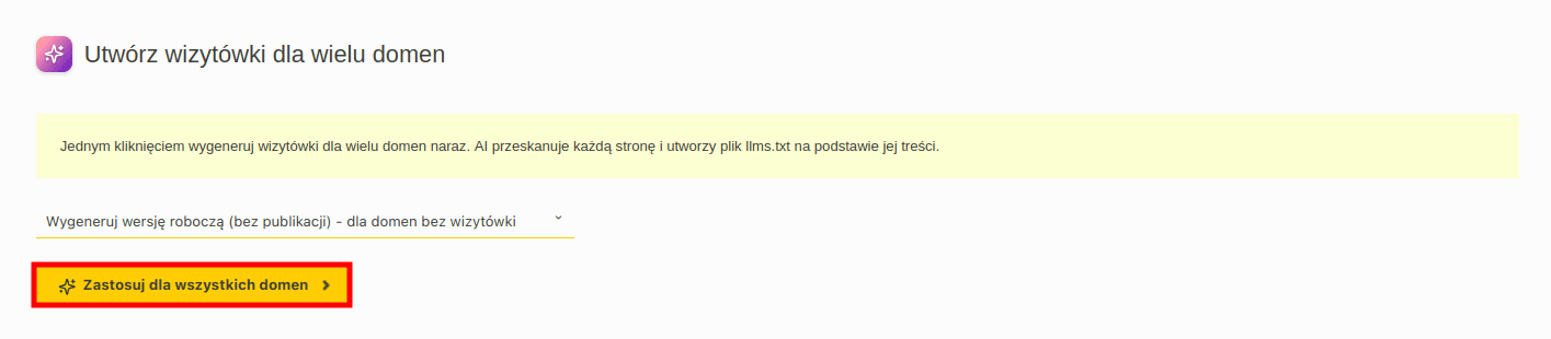 Panel Utwórz wizytówki dla wielu domen z zaznaczonym przyciskiem Zastosuj dla wszystkich domen
