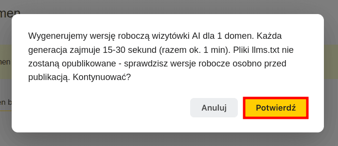 Okno potwierdzenia hurtowego generowania wersji roboczych wizytówek AI dla wielu domen