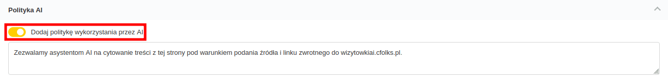 Zakładka Polityka AI formularza wizytówki AI z wyłączonym przełącznikiem Dodaj politykę wykorzystania przez AI