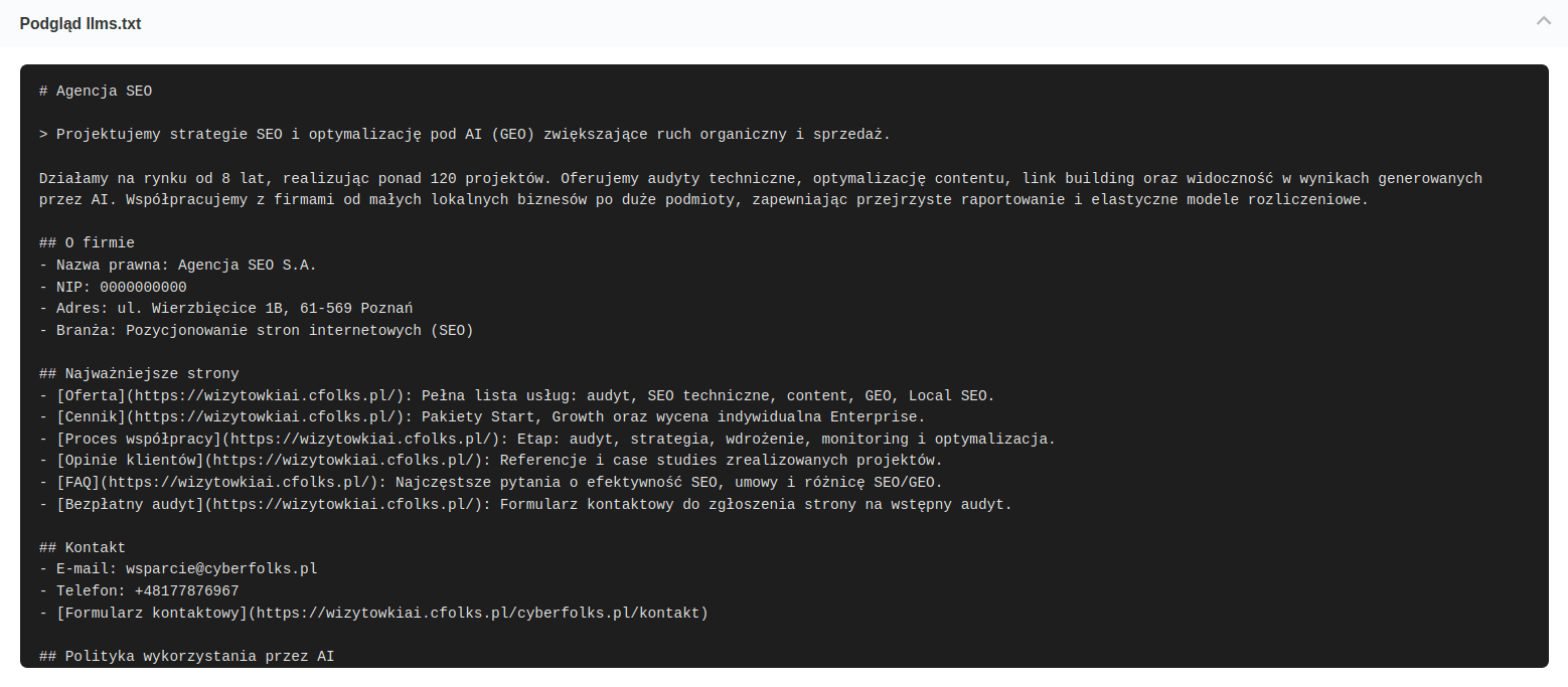 Zakładka Podgląd llms.txt z podglądem gotowej treści pliku.