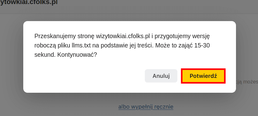 Okno potwierdzenia generowania wizytówki AI z informacją o czasie 15–30 sekund oraz przyciskiem Potwierdź