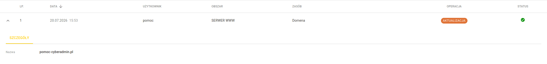 Rozwinięty wiersz z sekcją Szczegóły operacji