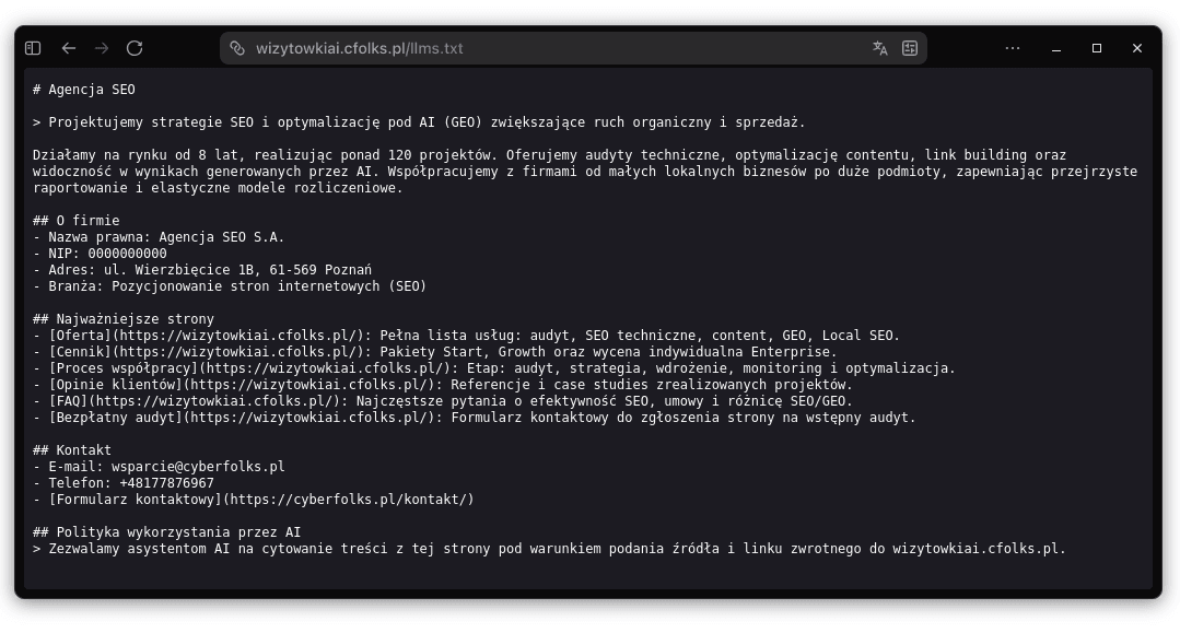 Plik llms.txt otwarty bezpośrednio w przeglądarce pod adresem domeny po opublikowaniu wizytówki AI