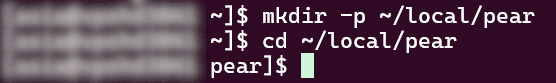 Terminal SSH z komendami mkdir -p ~/local/pear oraz cd ~/local/pear i zmienioną ścieżką w znaku zachęty
