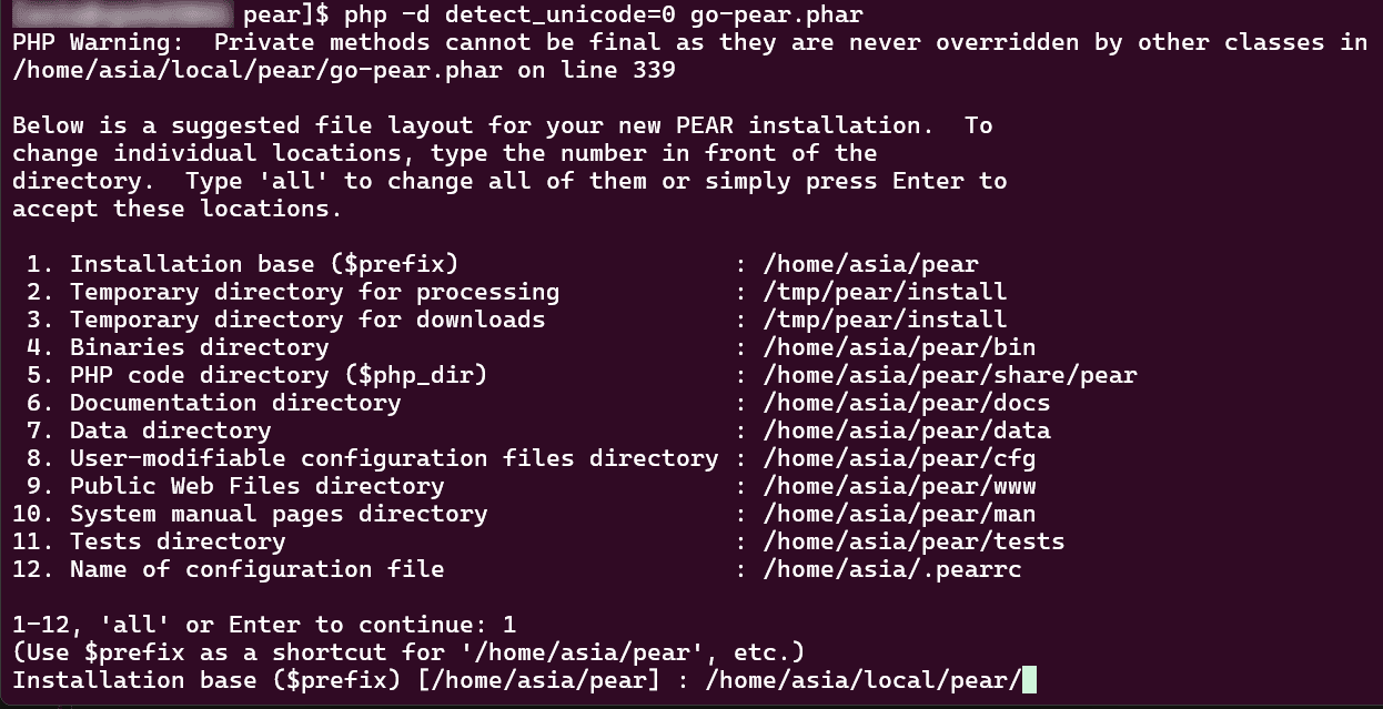 Terminal SSH z uruchomionym instalatorem go-pear.phar, listą 12 katalogów instalacyjnych PEAR i wpisaną nową ścieżką instalacji