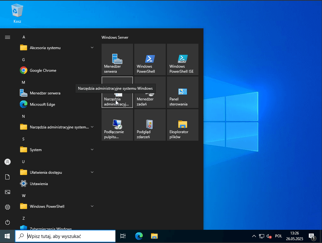 Menu Start systemu Windows Server z podświetlonym kafelkiem Narzędzia administracyjne systemu Windows