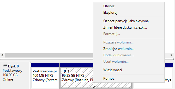 Menu kontekstowe woluminu z opcją Rozszerz wolumin oraz fragmentem układu partycji na dysku