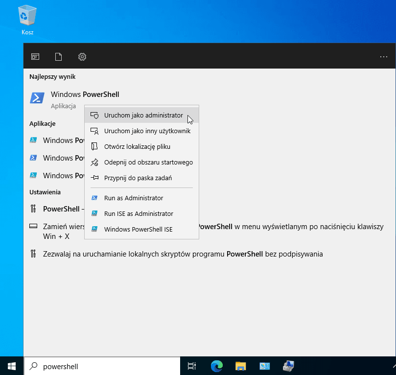 Menu Start z wyszukanym poleceniem PowerShell i zaznaczoną opcją Uruchom jako administrator