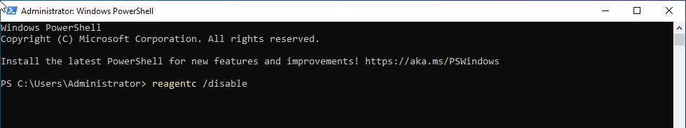 Okno PowerShell z wykonaną komendą reagentc /disable