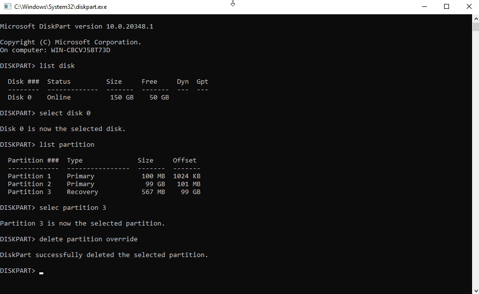 Sesja diskpart z poleceniami list disk, select disk, list partition, select partition oraz delete partition override