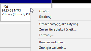 Menu kontekstowe woluminu C: z zaznaczoną opcją Rozszerz wolumin