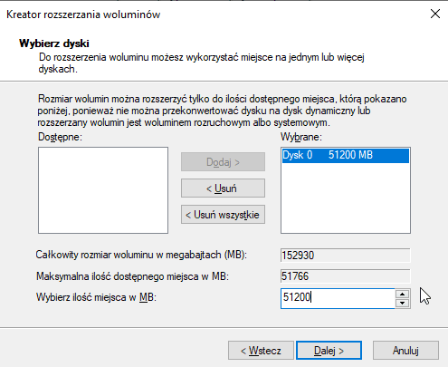 Krok Kreatora rozszerzania woluminów z polem Wybierz ilość miejsca w MB