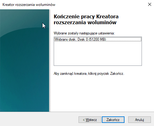 Ostatni ekran Kreatora rozszerzania woluminów z podsumowaniem wybranych ustawień