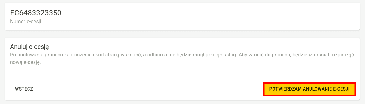 Ekran potwierdzenia anulowania e-cesji z przyciskiem Potwierdzam anulowanie e-cesji.