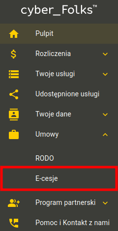 Sekcja Umowy z podświetloną opcją E-cesje w menu panelu klienta cyber_Folks