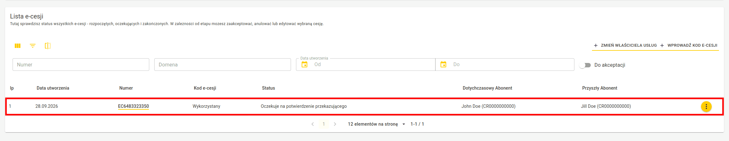 Lista e-cesji z wybraną pozycją do zaakceptowania przez przekazującego usługę