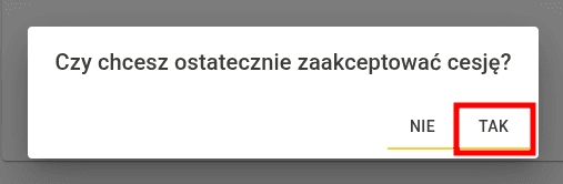 Okno z pytaniem o ostateczne potwierdzenie e-cesji i przyciskiem Tak