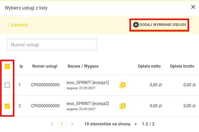 Zaznaczanie usług do przeniesienia i przycisk Dodaj wybrane usługi