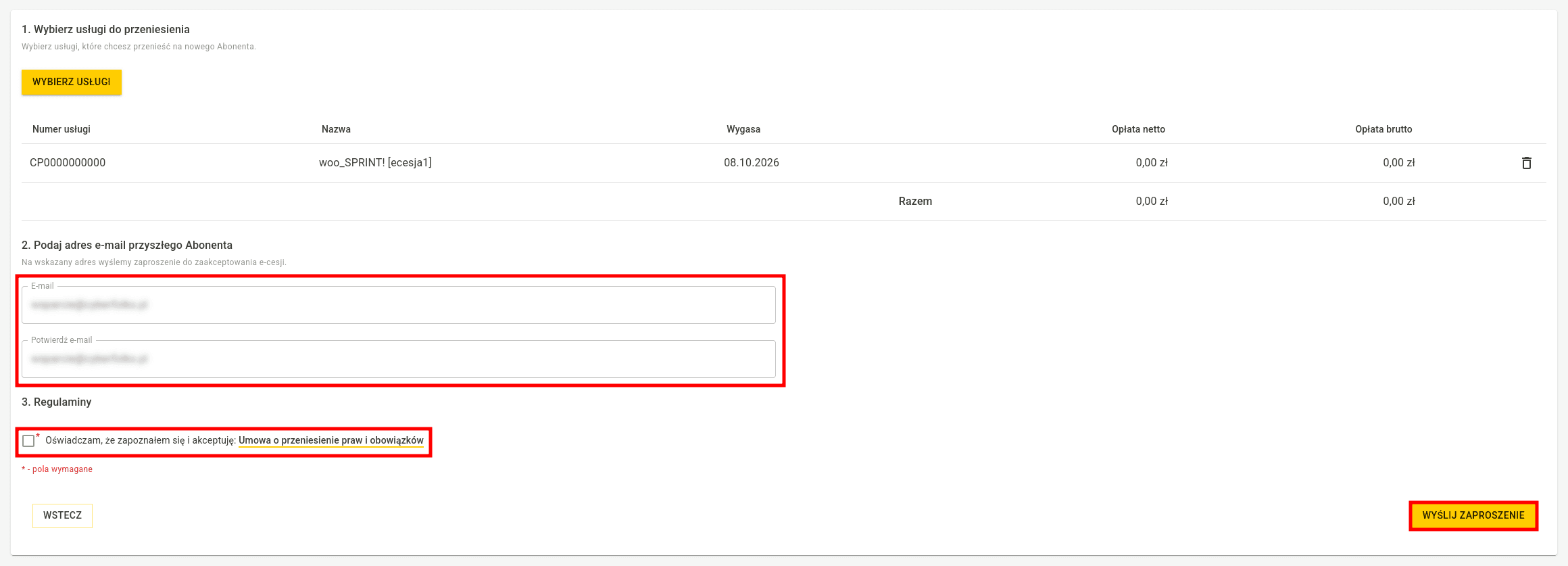 Formularz z adresem e-mail przyszłego abonenta i zgodą na regulamin e-cesji