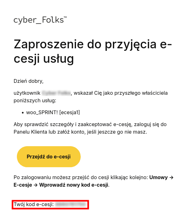 Wiadomość e-mail z zaproszeniem i kodem do przyjęcia e-cesji usług