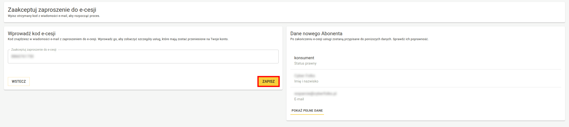 Formularz wprowadzenia kodu e-cesji z podglądem danych nowego abonenta