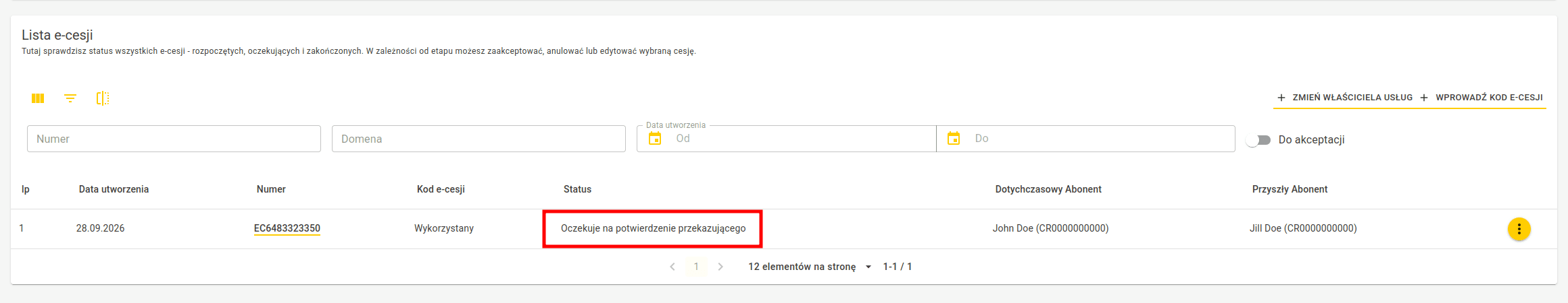 Status e-cesji z informacją o oczekiwaniu na akceptację przekazującego usługę