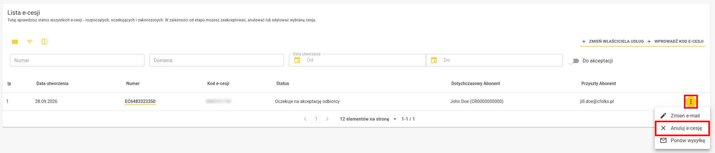 Menu kontekstowe e-cesji z zaznaczoną opcją Anuluj e-cesję