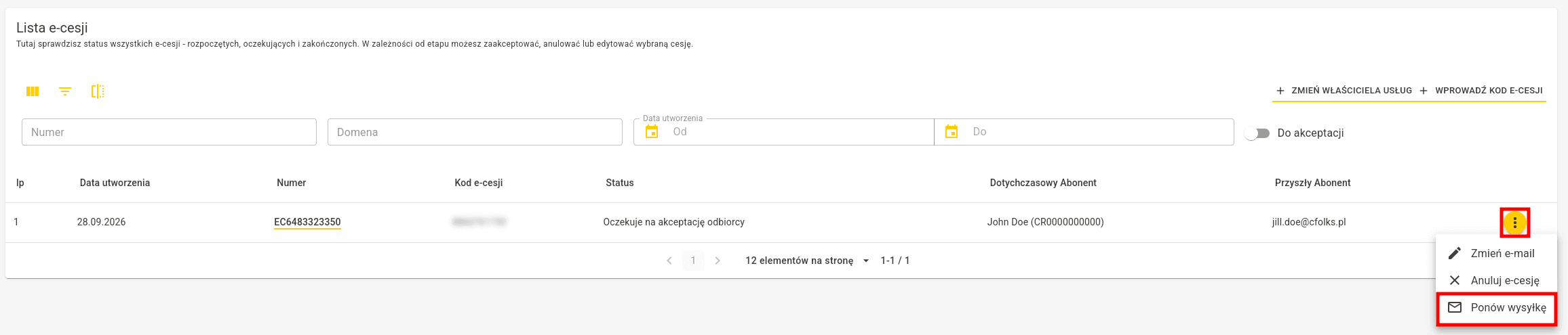 Menu kontekstowe e-cesji z zaznaczoną opcją Ponów wysyłkę