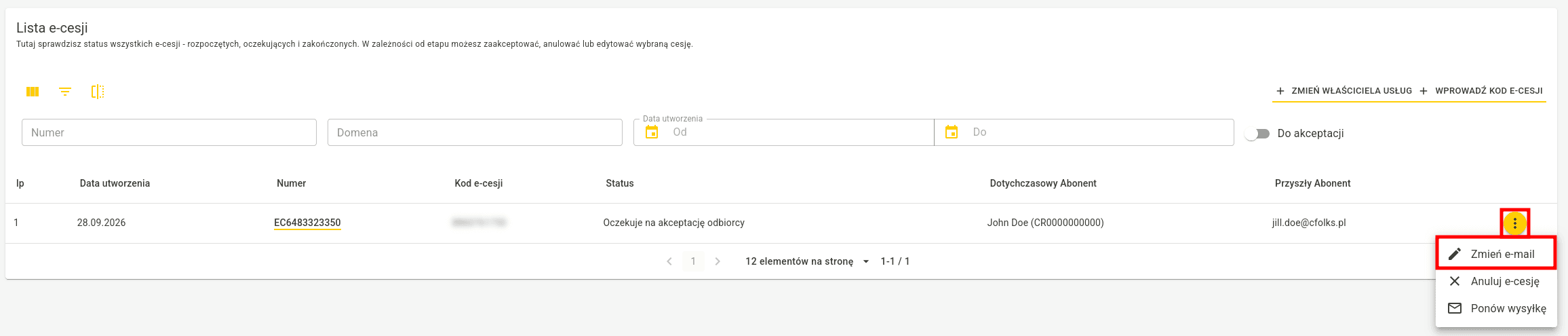 Menu kontekstowe e-cesji z zaznaczoną opcją Zmień e-mail