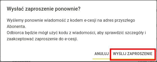 Okno potwierdzenia ponownej wysyłki zaproszenia z kodem e-cesji