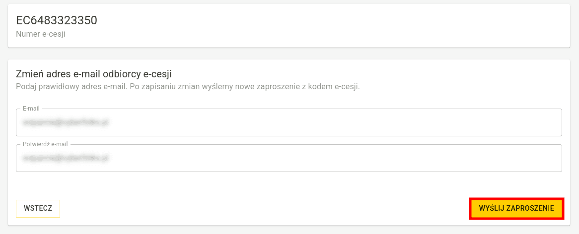 Formularz zmiany adresu e-mail odbiorcy e-cesji i przycisk Wyślij zaproszenie