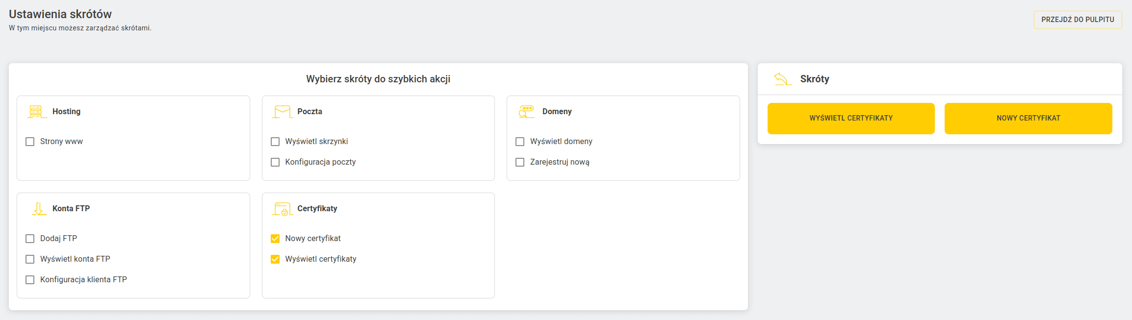Okno wyboru funkcji do dodania jako skrót z zaznaczonymi checkboxami