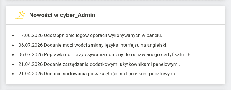 Widżet Nowości w cyber_Admin z listą zmian w panelu i datami ich wprowadzenia