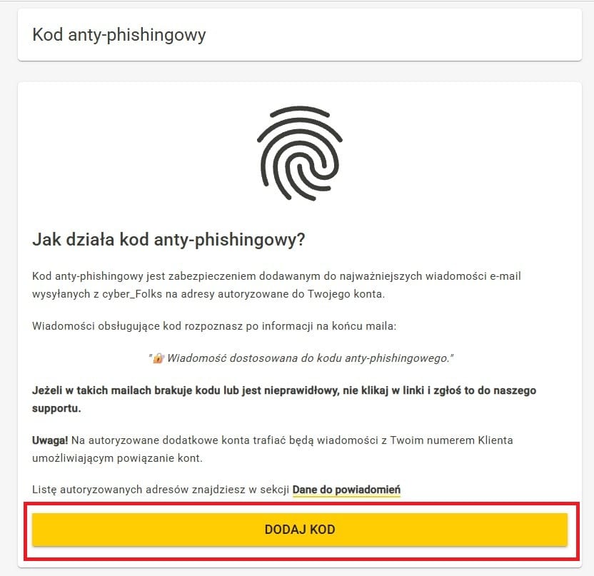 Dodawanie kodu antyphishingowego w Panelu Klienta