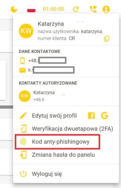 Dodawanie kodu antyphishingowego w Panelu Klienta